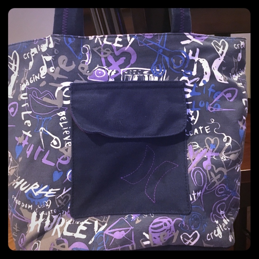 Hurley bag. Mostly Navy, purple, and white
